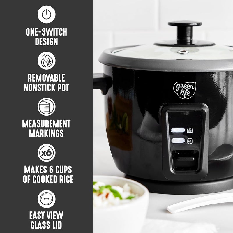 GreenLife Rice Cooker with Removable PFAS-Free Nonstick Pot, 3-Cups Uncooked/6-Cups Cooked, One-Switch Design, Auto Keep Warm Function, Soup, Grains, Oatmeal, Wood Handle, Black - Image 4